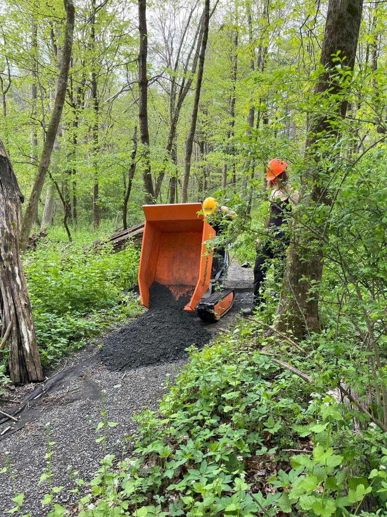 Crushed stone substrate was moved to the trail repair areas using a mechanical wheelbarrow.