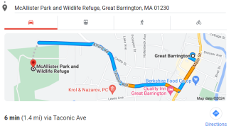 directions to McAllister Wildlife Refuge from Main Street, Great Barrington 